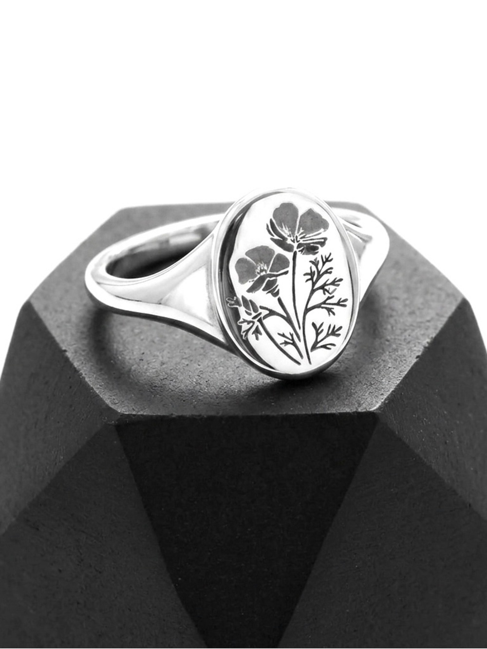 New Minimalist Bohemian Orchid Sterling Silver Signet Floral Engraved Ring - Picture 2 of 15